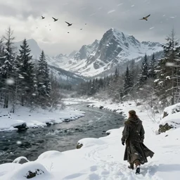 A majestic landscape featuring a river, mountains and a forest. A small group of birds is flying in the sky. Harsh winter. very windy. There is a man walking in a deep snow.Camera is positioned behind the man. Cinematic, very beautiful, painting in the style of Lord of the rings