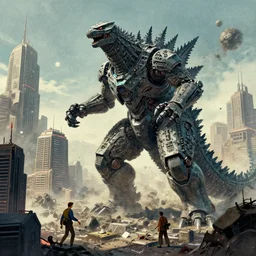pacific rim robot fight Godzilla destroy the cyber city,by Chris Ware,Jane Newland,peter,gric,Peter Mohrbacher,aaron horkey trending on artstation