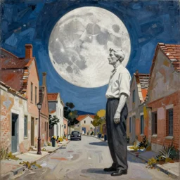 over - saturated decontructed professional pre - raphaelite decollage painting defined acid colours old white - headed man under the huge moon on a street of ruined city by adrian ghenie and takato yamamoto and austin osman spare and edward hopper and mark ryden and tsutomu nihei, very coherent, very fine details, baroque elements, perfect anatomy, intricate design. pop art.