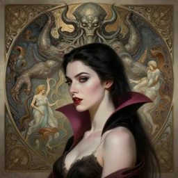 portrait of a sexy female vampire facing cthulhu, intricate, elegant, highly detailed, digital painting, artstation, concept art, smooth, sharp focus, illustration, art by artgerm and greg rutkowski and alphonse mucha and william - adolphe bouguereau