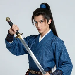 male martial artist with a high ponytail, holding a sabre!!! asian facial features and blue eyes!! intricate ornate blue robes!! character concept art, sharp focus, octane render! unreal engine 5! highly rendered!! trending on artstation!! detailed linework!! illustration by artgerm, wlop, and chie yoshii