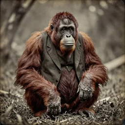 An old orangutan in a suit, daguerrotype