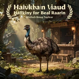 a single emu in a halfling tavern, fantasy rpg book illustration