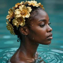 hyperrealistic precisionist cinematic profile very expressive! black oshun goddess, in water! up to shoulders, mirror dripping droplet!, gold flowers, highly detailed face, digital art masterpiece, smooth eric zener cam de leon, dramatic pearlescent turquoise light on one side, hip level hd 8 k, tilt shift