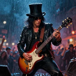 a painting of slash playing the guitar, rainy night, lights, particles, depth of field, raindrops, crowd, lights, top hat by greg rutkowski, featured on artstation, epic composition, dramatic theme, cgsociety, deviantart, conceptartworld, screenshot from guitarhero cutscene
