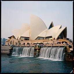 kodak portra 4 0 0 photo of detailed opera house of guangzhou, with waterfalls and river, diffuse lighting, ultra detailed, sharp, intricate, elegant golden hour, wide angle, 3 5 mm, sharp focus, soft light, volumetric light, trending on pinterest, in the style of gregory crewdson and thomas kinkade, masterpiece