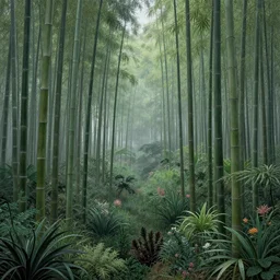 bamboo forest, lot of exotic vegetation, trees, flowers, dull colors, in the foggy huge forest, by moebius, hyperrealism, intricate detailed