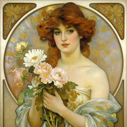 attractive woman holding flowers, painting by gaston bussiere, craig mullins, greg rutkowski, alphonse mucha