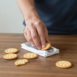 Man mopping up spills on the table using digestive biscuits
