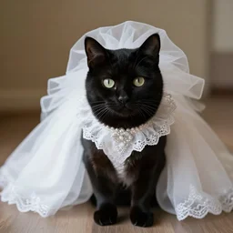 a black cat in a white wedding dress