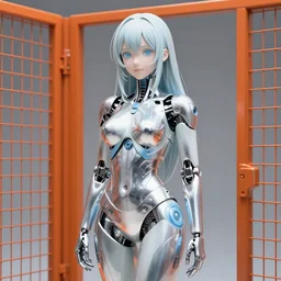 perfect anime!! cyborg woman, porcelain, aluminium ( desgined by apple ), silver, blue soft details, soft!!, ( ( standing close to an orange metal fence ) ), studio photo, octane render, studio lights, 8 0 mm lens
