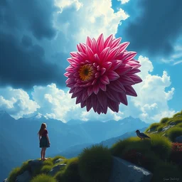 closeup giant dahlia flower as the head, girl standing on mountain, surreal photography, blue storm clouds, dramatic light, impressionist painting, digital painting, artstation, simon stalenhag