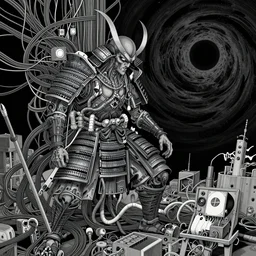 photograph of cthulhu samurai, lots of cables and wiring, electrical details, black hole, trending on artstation, by Hajime Sorayama and Boris Vallejo and Hasegawa Tohaku