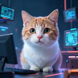 beautiful cute cat surrounded by cyberpunk atmosphere compute art, concept art,4k,high detail,no noise