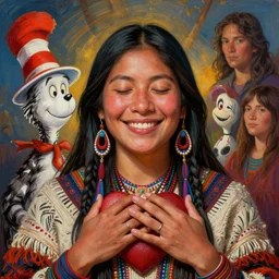 a beautiful portrait of an indigenous female shaman smiling with eyes closed connecting to her heart, self - care, love, symetrical, designed by dr seuss and michal karcz, by cyril rolando and asher durand and natalie shau
