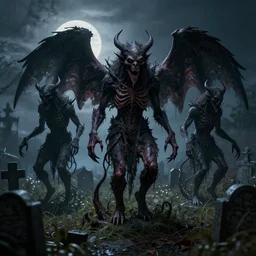a photograph of demon statues demon statues in an overgrown graveyard, scary creatures, cosmic horror, morbid art, sharp focus, cinematic, high angel distant shot, moonlight, hyper detailed, 4 k, octane render, deviantart,
