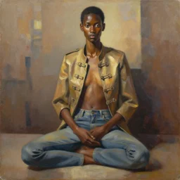 full body portrait, ethnic, realistic face sculpted features, thin and statuesque model, fetal pose, urban outfit with jacket with rows of buckles, jeans, warm glow, radiant, bathed in light, chiaroscuro, specular highlights, angular impressionism, natural color scheme, earthy tones, modern fashion, contemporary art, gestural oil on canvas