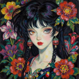 pre-raphaelite punk rock dark rainbow noir anime girl painting, floral detail, photo by Annie Leibovitz, Anton Fadeev