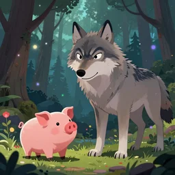 a big wolf is threatening a cute cartoonish pigs in a mystical forest full of wonders, pine trees, magical atmosphere, trending on artstation, 30mm, by Noah Bradley trending on ArtStation, deviantart, high detail, stylized portrait