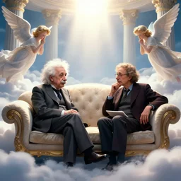 einstein and stephen hawking sitting on a pearly couch in heaven, having deep discussions, thoughtful, angels, clouds, very bright lights, pillars, by greg rutkowski, trending on artstation