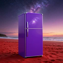purple refrigerator on red beach with nebula sunset