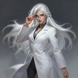 a highly detailed illustration of beautiful long white haired mad scientist woman wearing labcoat and glasses, dramatic manic pose, intricate, elegant, highly detailed, centered, digital painting, artstation, concept art, smooth, sharp focus, league of legends concept art, wlop.