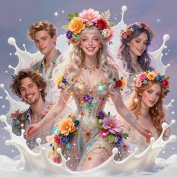 smiling fruit goddess ; by james jean, charlie bowater, tom bagshaw, nikolay makovsky, melanie delon : : enchanting, colorful, ethereal, white milk spashes, magical, glowing, sparkle, iridescent, flowerpunk, portrait, character design, illustration, hyperrealism, photorealism, digital art, concept art, fantasy, whimsy, weta, wlop, art