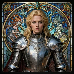 masterpiece head-on symmetrical centered portrait, Elisha Cuthbert as a RPG warrior, complex steel armour, blonde hair, complex stained glass art nouveau, gothic, victorian, elegant, dramatic, high quality, in the style of Edgar Maxence and Ross Tran and Zdzisław Beksiński and Gustave Doré and Michael Whelan and H.R. Giger and Ian Miller and Mucha, specular highlights, 8k