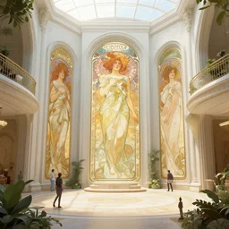 interior of a solarpunk atrium, alphonse mucha, rhads, ross tran, artstation, artgerm, octane render, 1 6 k