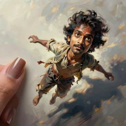 Digital art. A man with a large head and a small body is floating in the air, his arms and legs flailing. His clothes are tattered and he has a wild look in his eyes. nail art by Sunil Das shadowy