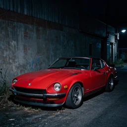 decaying red 350z roadster abandoned in alley night time decrepit shot from bladerunner 2049 soft lighting dark shadows beautiful 205mm camera Ryan Church