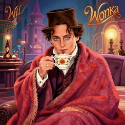 Johnny Depp is covered in a blanket and drinking tea in Willy Wonka's Chocolate Factory, Illustration, Colorful, by Liu Wei