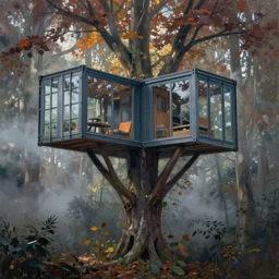 real treehouses, on thick stilts, made of staked glass shipping container, modernist, mysterious forest, autumn, atmospheric, misty, smoky atmosphere, some rays of light, cgsociety, oil on canvas, masterpiece, cinematic composition, hyper - detailed, hd, hdr, 8 k, by ruan jia, michael komarck, greg rutkowski