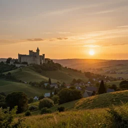 beautiful view of a medieval landscape while sun is setting, digital art