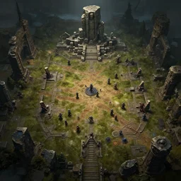 RPG battlemap of a field surrounding the ruins of a fallen stone titan, Marc Adams, dramatic lighting, overhead