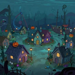 screenshot for a cartoon that takes place on a horror based suburban underwater amusement park that incorporates darker halloween and ocean elements in its design imagery and features wacky housing, halloween decorations, atlantis, shipwrecks, spooky, amusement park attractions, deep sea, horror themed, fun, in the style of stephen silver and genndy tartakovsky
