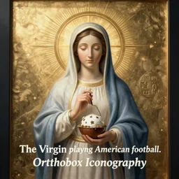 “The Virgin Mary playing American football. Orthodox Iconography”