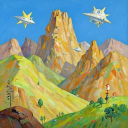 Tianzi mountains landscape in the style of Dr. Seuss, starships, painting by Ralph McQuarrie