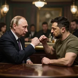 vladimir putin and Volodymyr Zelensky fighting in a bar, photorealistic