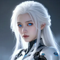 detailed portrait of perfect white haired girl, android, warframe armor, beautiful, pretty face, blue cyborg eyes, innocent, scifi, 4 k, sun yunjoo, ultra realistic, aura of light, cinematic lighting, highly detailed, sharp focus, artstation, masterpiece, art by hyungjin yang and akihiko yoshida