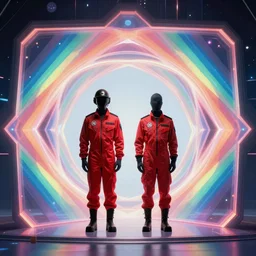 two time pilots wearing red rick owens flight suits inside the glowing geometric rainbow portal to the sixth dimension by frank frazetta