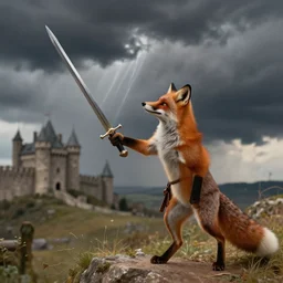 anthropomorphic fox!! who is a medieval knight holding a swo - rd towards a stormy thunderclo - ud [ 1 9 3 0 s film still ], ( castle in the background )