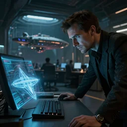 closeup of a spy leaning towards a desk to look at a spaceship hologram at the office with the futuristic shanghai spaceship hangar in the background, busy, dark, cyberpunk, moody, ambient lighting, syd mead, artgerm, artstation, octane render