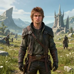 realistic still of jesse pinkman visiting whiterun in skyrim, amazing details, 8 k, 8 5 mm, f. 1 4, beautiful composition
