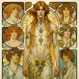 edmund dulac, leyendecker, greg hildebrandt, highly detailed portrait, a beautiful androgynous man, long hair, tall and thin, wearing several pendants and a choker, art nouveau, stephen bliss, unreal engine, by greg rutkowski, loish, ferdinand knab, ilya kuvshinov, rossdraws, tom bagshaw, alphonse mucha, global illumination, radiant light