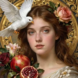 realistic detailed close up beautiful Pre-Rafaelite portrait of goddess Aphrodite by John William Godward, Anna Dittman, and Karol Bak, gorgeous eyes, white dove, pomegranates, roses and gladioli, golden ornamental background, face in focus, Art Nouveau, Neoclassical, beautiful deep colors