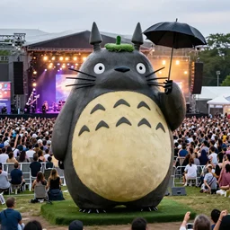 totoro in woodstock, award winning photography, ultrarrealistic, sharp focus, black metal costumes, big crowd, concert, hdr