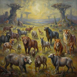 a painting of many different types of animals, a detailed painting by yerkaland, cgsociety, neo - primitivism, apocalypse landscape, apocalypse art, dystopian art