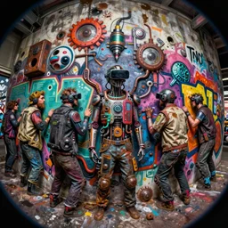 junky men drawing graffiti on wall, cybertronic gadgets and vr helmet, durty colours, micro technology, rotten textures, rusty shapes, biotechnology, bao phan, tim hildebrandt, wayne barlow, bruce pennington, donato giancola, larry elmore, oil on canvas, fisheye objective, mid shot, masterpiece, trending on artstation, featured on pixiv, cinematic composition, hyper - detailed, hd, hdr, 4 k, 8 k
