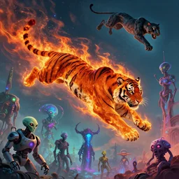 tiger made of fire flying in the sky ; cat flying in the sky ; panther flying in the sky ; aliens, robotic machines, gods, bio - mechanical intelligences, glitch creatures, dmt entity ; lsd art, trending on artstation, style greg rutkowski and tim hildebrandt